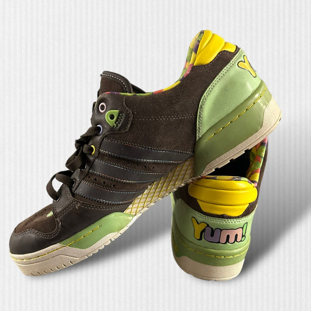 Adidas YUM! Extremely RARE Japan only Brown Leather Sneakers with candy print